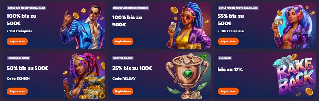 Coolzino Casino Boni, Freispiele, Highroller-Bonus, Sonntag Reload, Rakeback bis zu 17 %, Online-Casino Aktionen