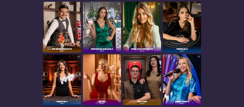 Coolzino Live-Casino, Big Bang Roulette, Monaco Blackjack, SOXX Auto, Venice Blackjack, Sic Bo, Top Card, Agent Spinty