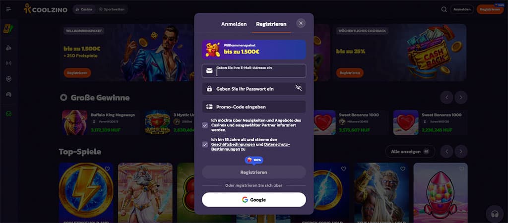 Coolzino Registrierung, Konto erstellen, bis zu 1500 € Bonus, Anmeldung, E-Mail und Passwort eingeben, Promo-Code, Google