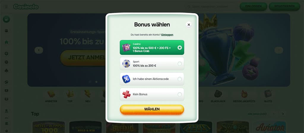 Registrierung, Casinolo Casino, bonus, free spins