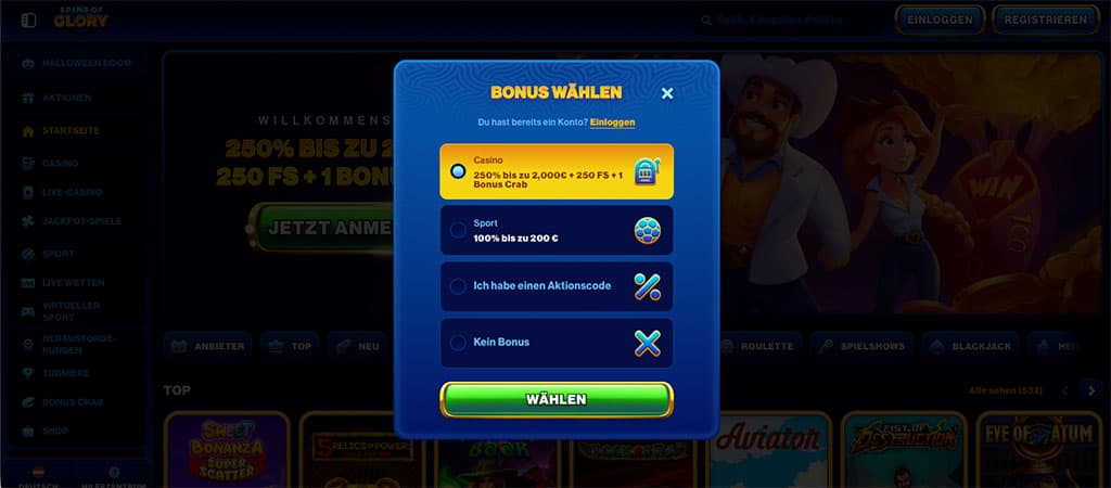 Registrierung, Spins of Glory 2025, online casino