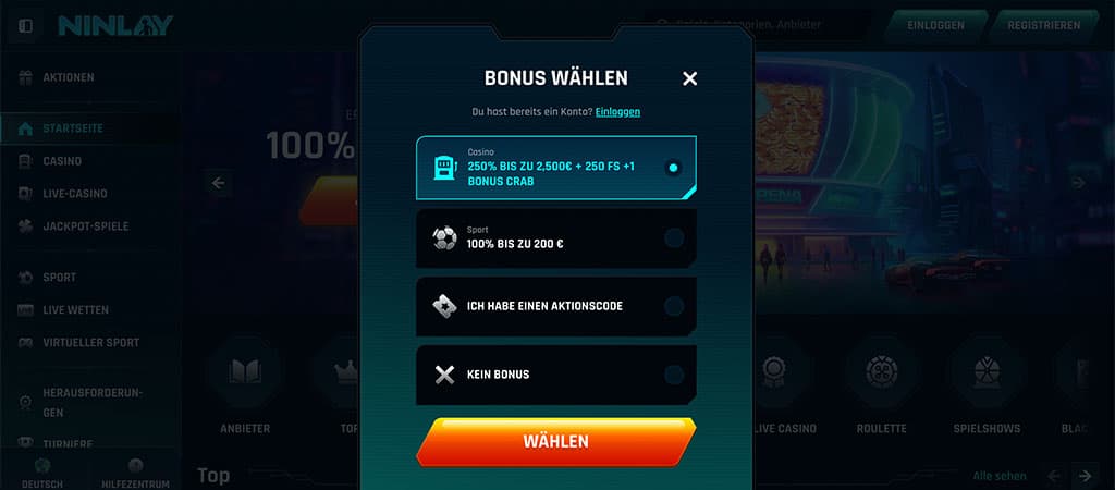 Registrierung, Ninlay Casino, online casino Deutschland