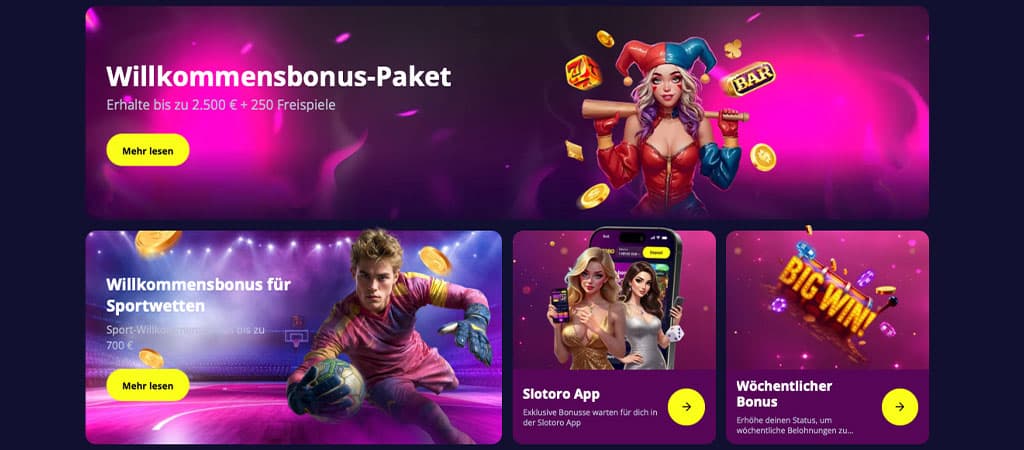 Bonusprogramm von Slotoro Casino, Freispiele, No Deposit Bonus