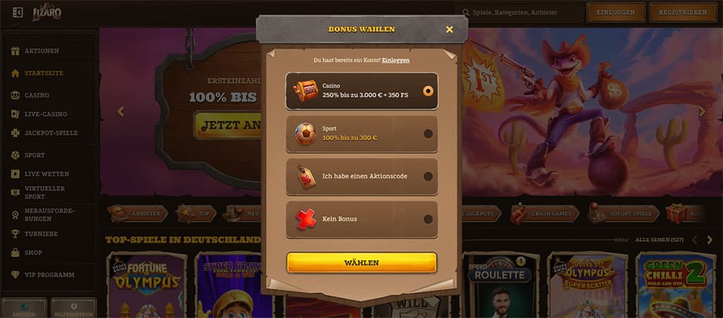 Spielangebot und Spielanbieter, Lizaro Casino, Registrierung