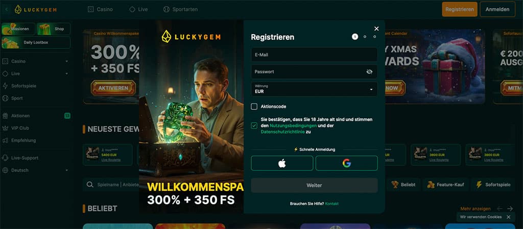 Registrierung bei Luckygem Deutschland