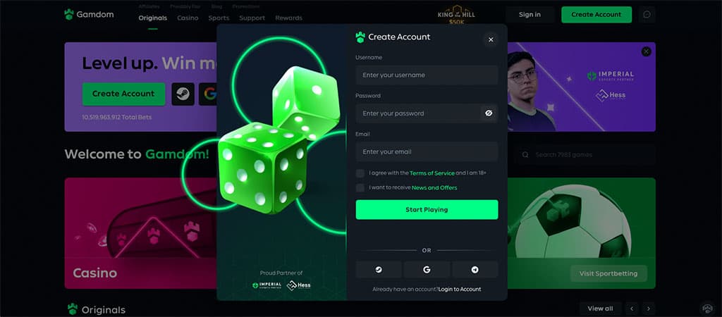 Registrierung bei Gamdom Casino Online