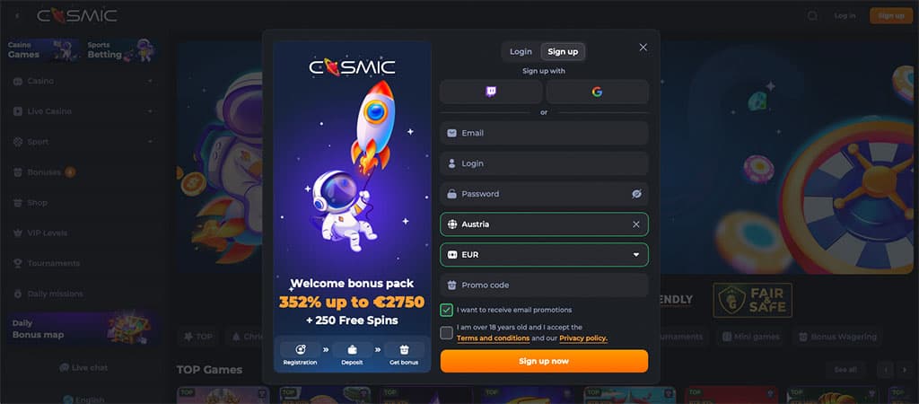 Registrierung - Cosmic Slot Schritt für Schritt Anleitung