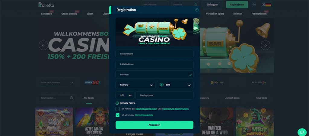 Registrierung auf der Rolletto Deutschland