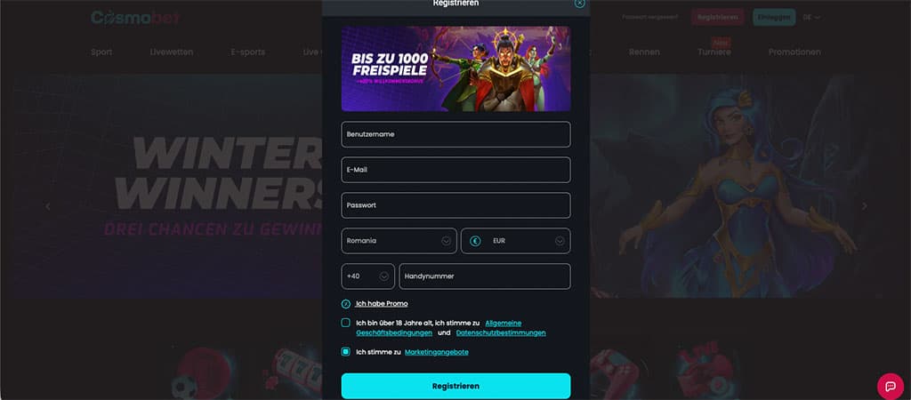 Registrierung bei Cosmobet Casino Deutschland