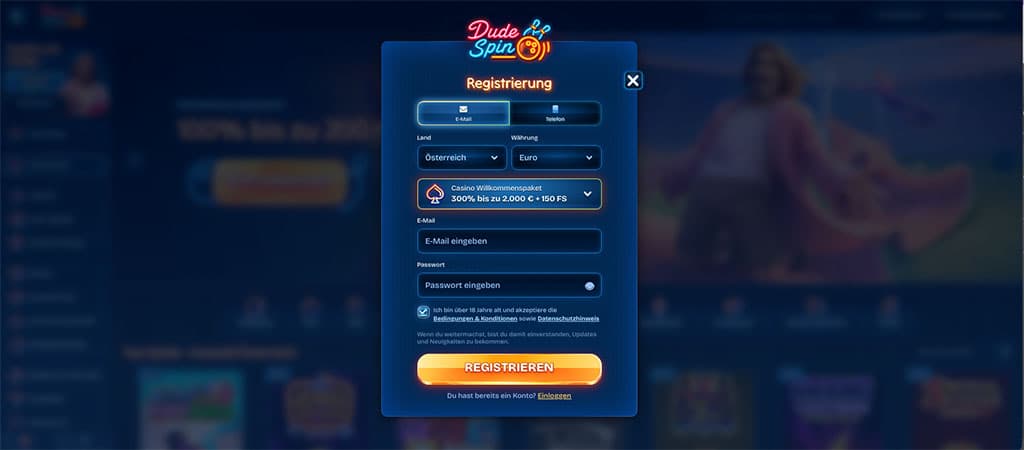 Registrierung und Anmeldung bei Dudespin Deutschland