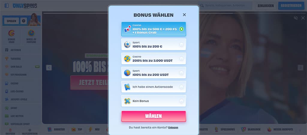 Registrierung bei OnlySpins Deutschland, In nur einer Minute