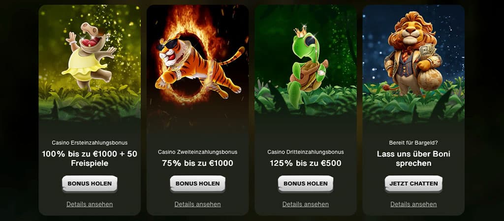 Cashwin Casino Bonusangebote, Willkommensbonus, Einzahlungsboni, Hippo, Tiger, Schildkröte, Dschungeltiere, Casino Aktionen