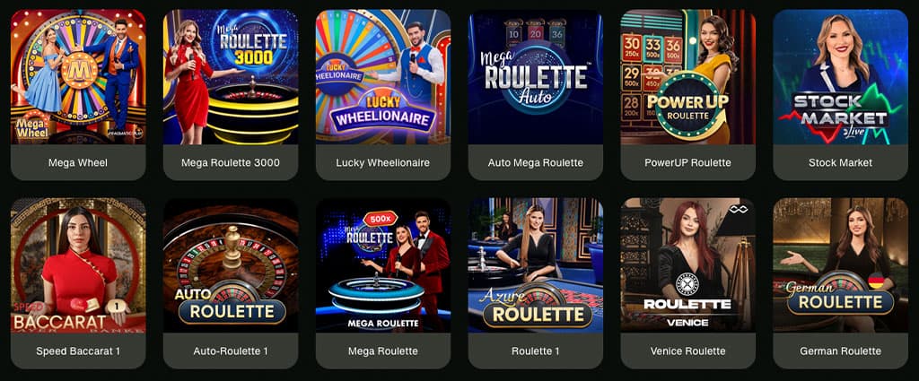 Cashwin Live Casino Spiele, Roulette, Mega Wheel, Speed Baccarat, Spielshow-Vorschaubilder, Live Dealer