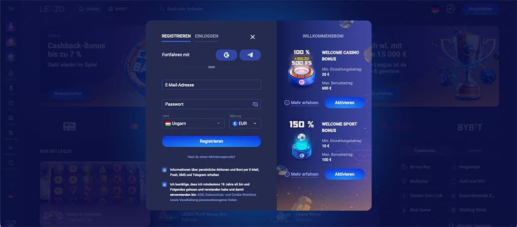 Registrierung bei Legzo Casino, einfache Schritte