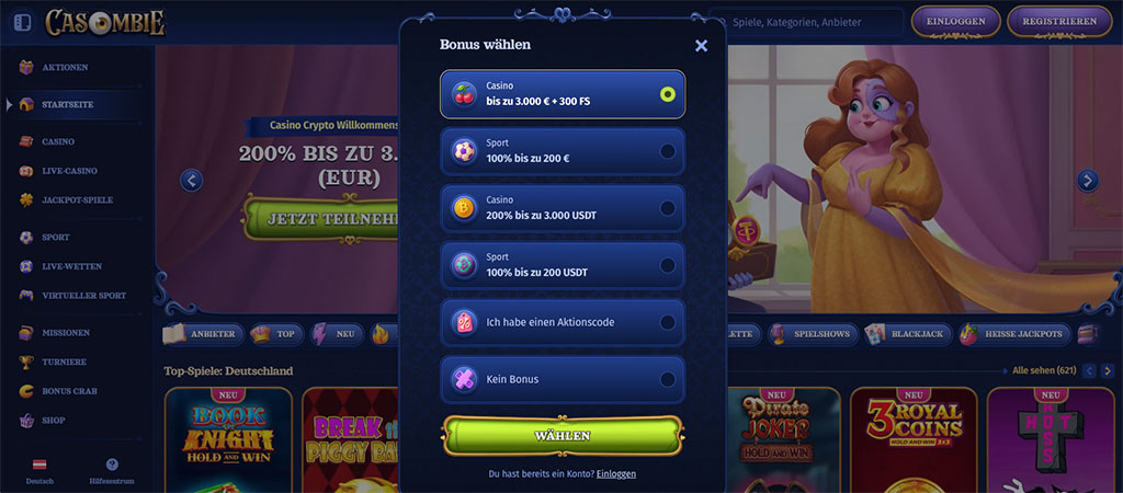 Prozess der Registrierung bei Casombie Casino, online casino