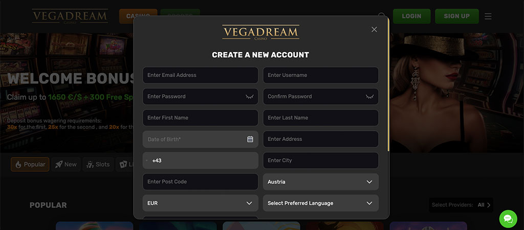Detaillierte Registrierung bei Vegadream Deutschland