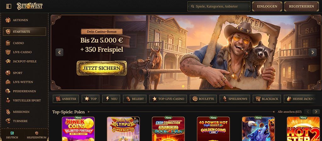 BetWest, Online Casino, Bonus, Freispiele, Wild West, Cowboy, Spielautomaten, Roulette, Blackjack, Registrieren, Einloggen