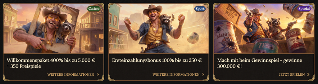 BetWest, Casino, Bonus, Willkommenspaket, Freispiele, Sportwetten, Einzahlungsbonus, Gewinnspiel, Cowboy, Waschbär