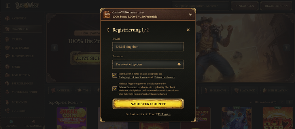 Registrierung, Online Casino, Konto erstellen, E-Mail, Passwort, Willkommensbonus, Einloggen, Glücksspiel, BetWest