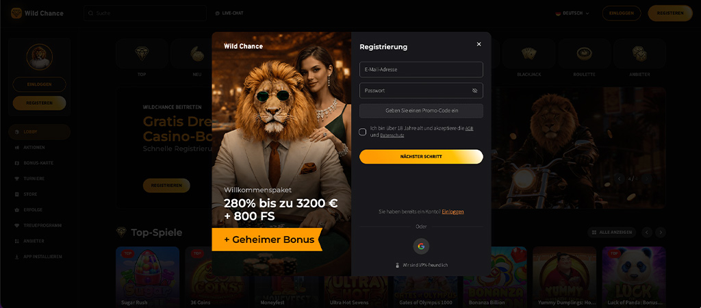 Registrierung bei Wild Chance, Internet Casinos Deutschland