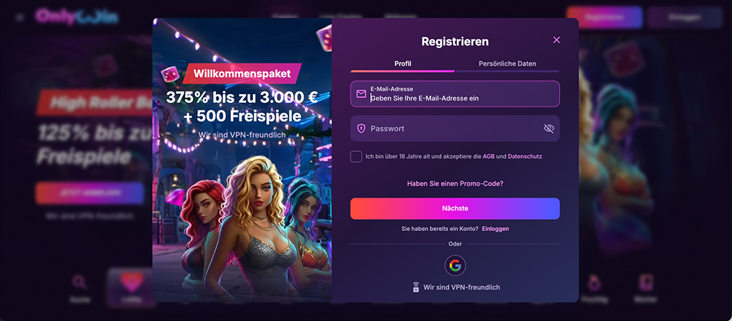 Registrierung bei OnlyWin Casino Deutschland