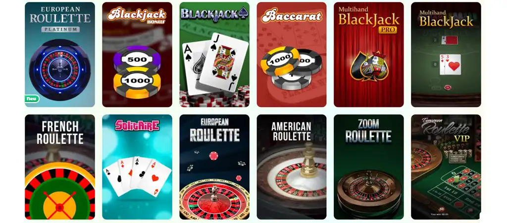 Angebot an Spielen, Tisch- und Kartenspiele, live casino