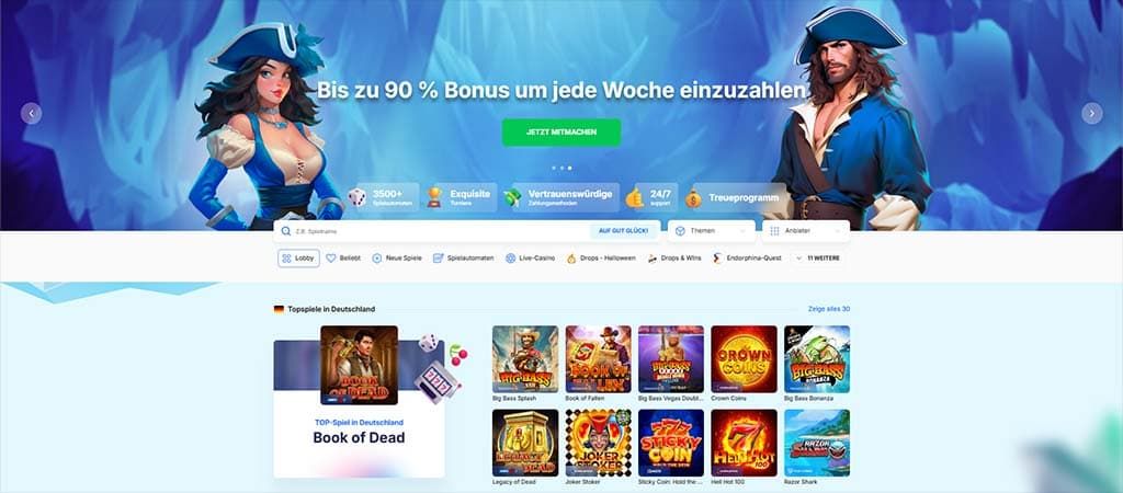 ice casino, online interface, homepage, werbeaktionen, blauer hintergrund