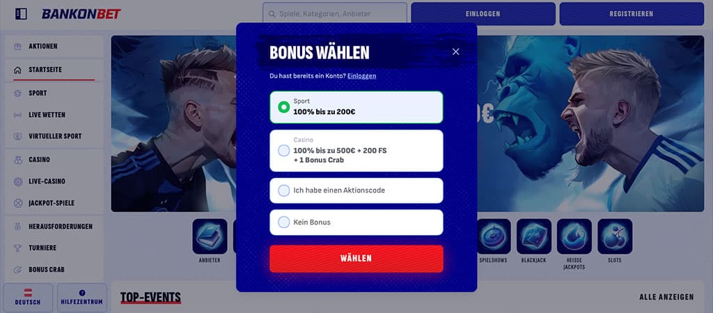 Bankonbet, Casino, Registrierung, Bonus auswählen, Willkommensbonus, Promotion, Bonusoptionen, Online Casino, Kontoerstellung