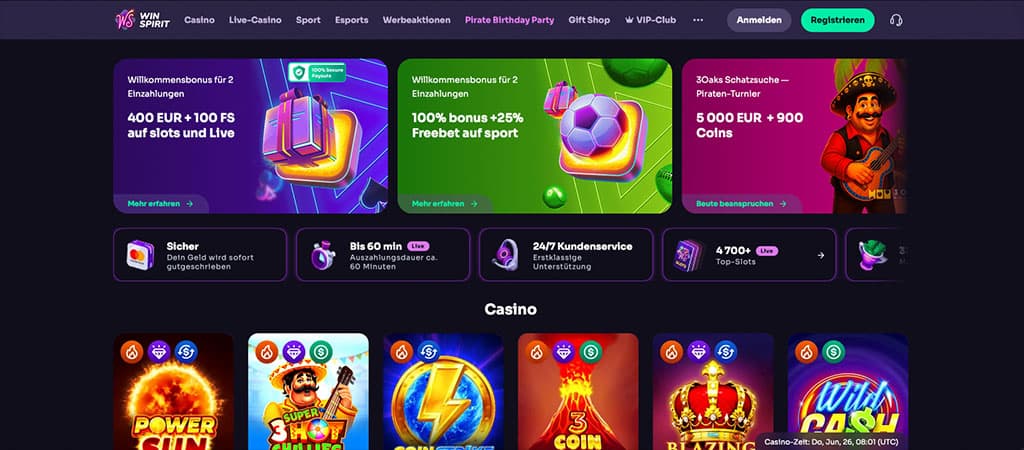 WinSpirit, Online-Casino, Bonus, Freispiele, Sportwetten, Slots, Live-Casino, Anmeldung, Registrierung, Kundenservice, Turnier