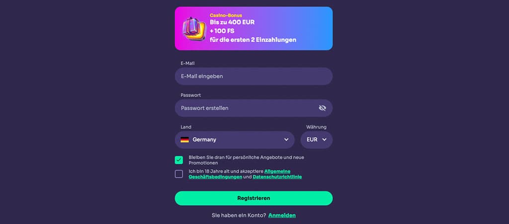 Registrierung, Casino-Bonus, 400 EUR, 100 Freispiele, E-Mail, Passwort, Germany, EUR, Angebote, Bedingungen, Konto erstellen