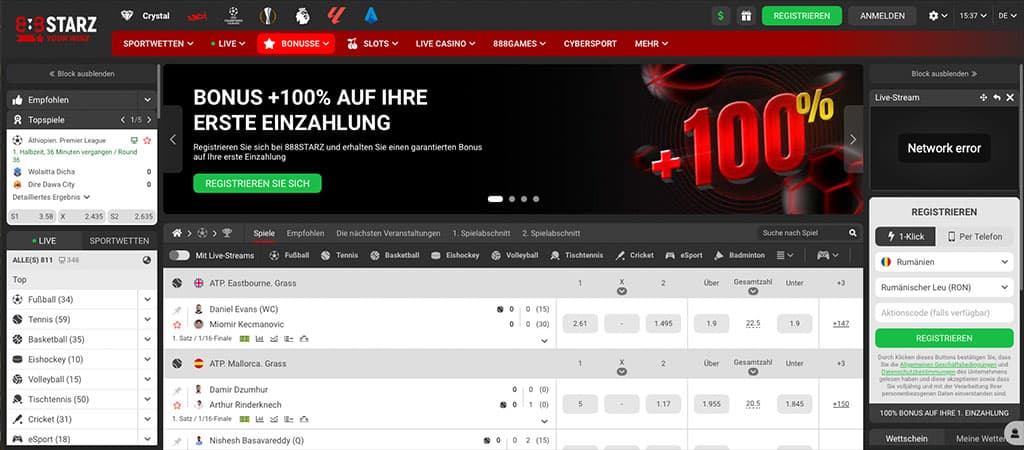 888Starz, Sportwetten, Bonus, Erste Einzahlung, Registrierung, Live-Wetten, Casino, Slots, Anmeldung, Rumänien, Wettoptionen