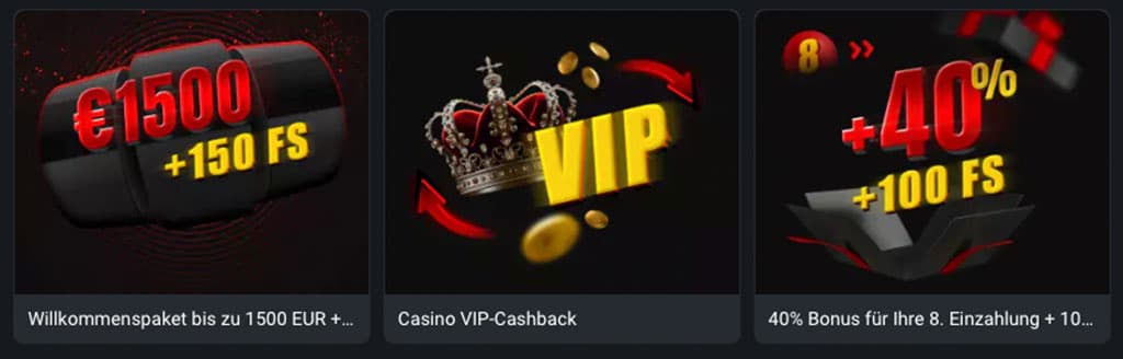 Willkommenspaket, 1500 EUR, 150 Freispiele, VIP-Cashback, 40 % Bonus, Einzahlung, 100 Freispiele, Casino, Aktionen, Angebote