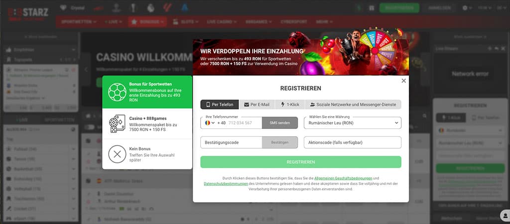 Registrierung, Bonus, Sportwetten, Casino, 150 Freispiele, Telefonnummer, Währung, Aktionscode, Bestätigung, Anmeldung