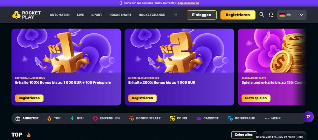 RocketPlay, Bonus, 1000 EUR, 100 Freispiele, 200 % Bonus, 15 % Cashback, Slots, Casino, Registrierung, Automaten, Aktionen
