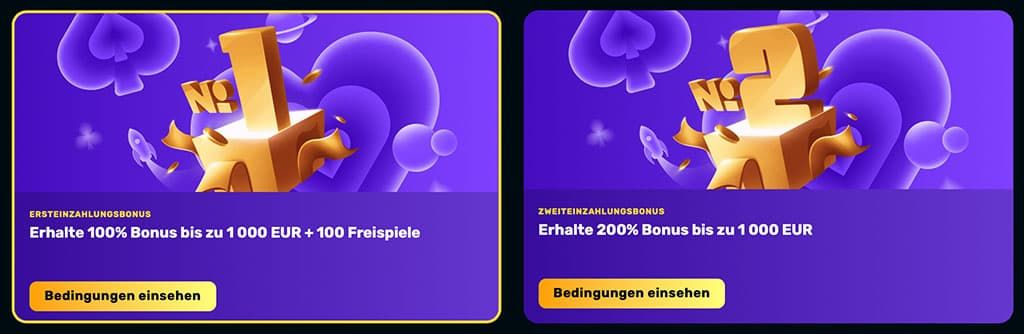 Ersteinzahlungsbonus, 100 % Bonus, 1000 EUR, 100 Freispiele, Zweiteinzahlungsbonus, Bedingungen, Casino, RocketPlay, Angebote