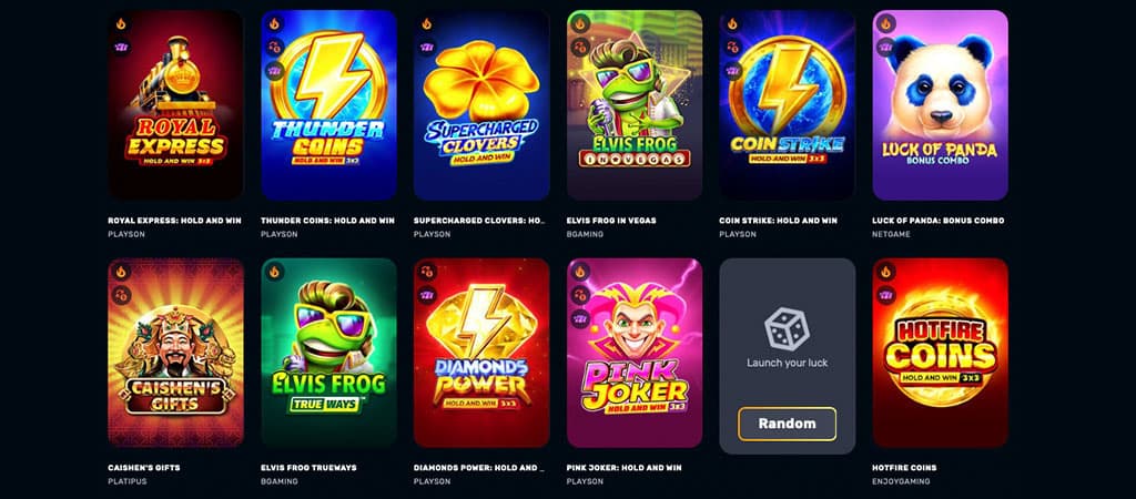 Royal Express, Thunder Coins, Supercharged Clovers, Elvis Frog, Coin Strike, Diamonds Power, Pink Joker, Hotfire Coins, Slots