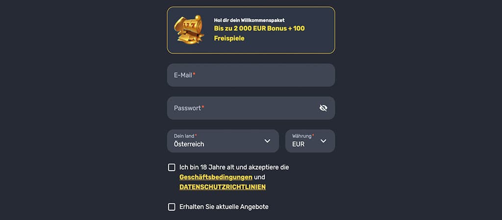 Willkommenspaket, Freispiele, E-Mail, Passwort, Österreich, EUR, Registrierung, Geschäftsbedingungen, Datenschutzrichtlinien