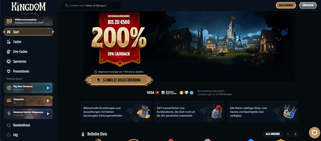 Kingdom Casino, Bonus, Cashback, schnelle Registrierung, Mittelalter-Design, beliebte Slots, Live-Casino, Sportwetten