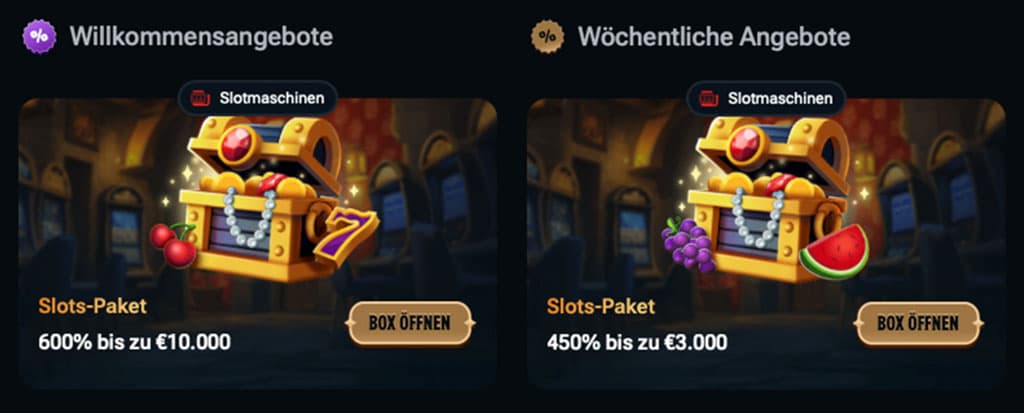Willkommensangebote, wöchentliche Angebote, Slots-Paket, Schatztruhe, Früchte, Spielautomaten, Box öffnen