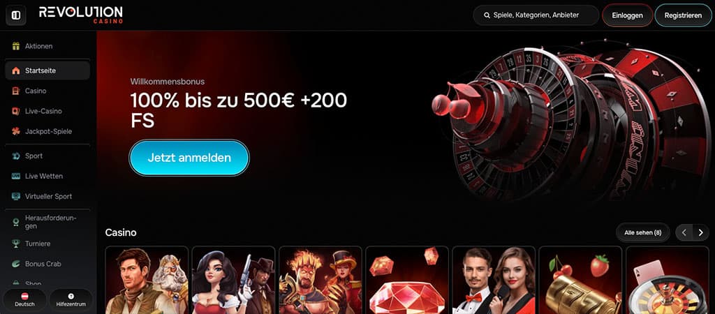 Revolution Casino, Willkommensbonus, Freispiele, anmelden, Online-Casino, Live-Casino, Spielautomaten, Roulette, Blackjack