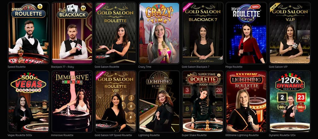 Live-Casino, Revolution Casino, Speed Roulette, Crazy Time, Gold Saloon Roulette, Mega Roulette 500x, professionelle Dealer